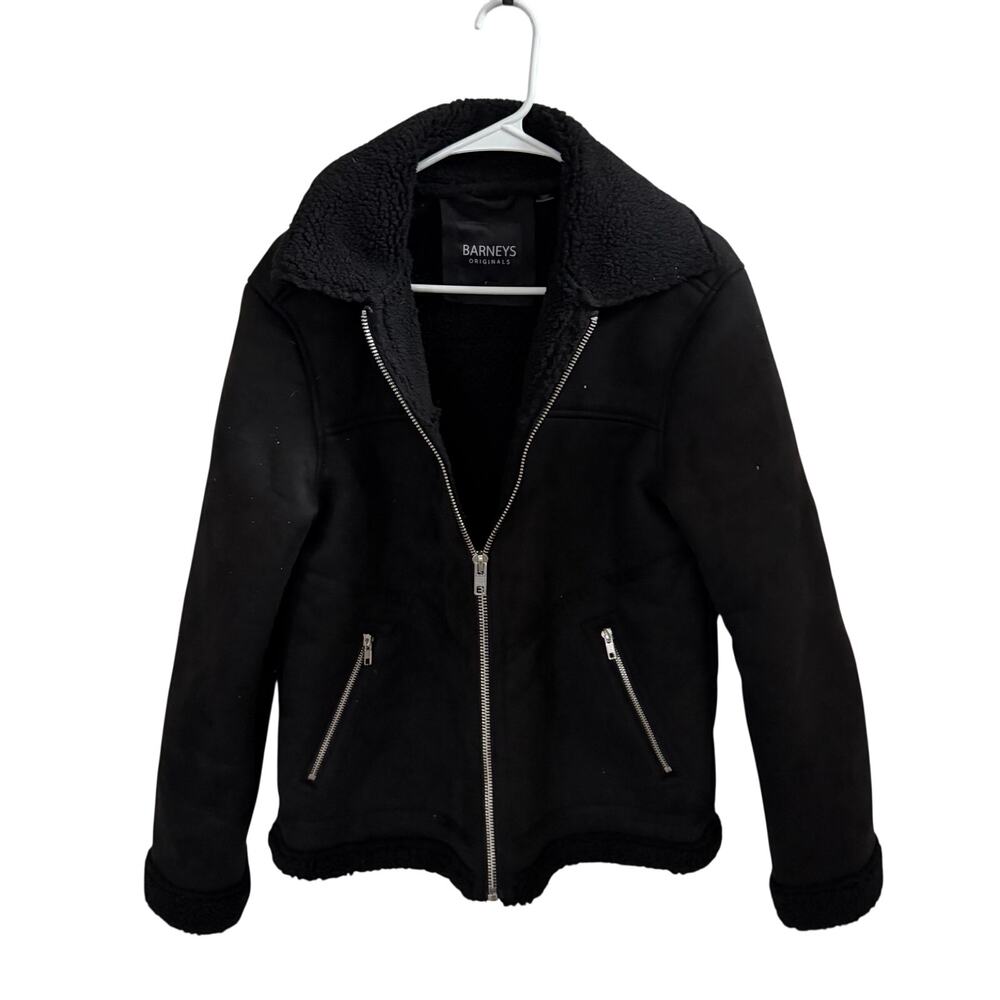 Barneys Original blk faux suede borg Lined Aviator Jacket sherpa-lined bkr sz S - Picture 4 of 13